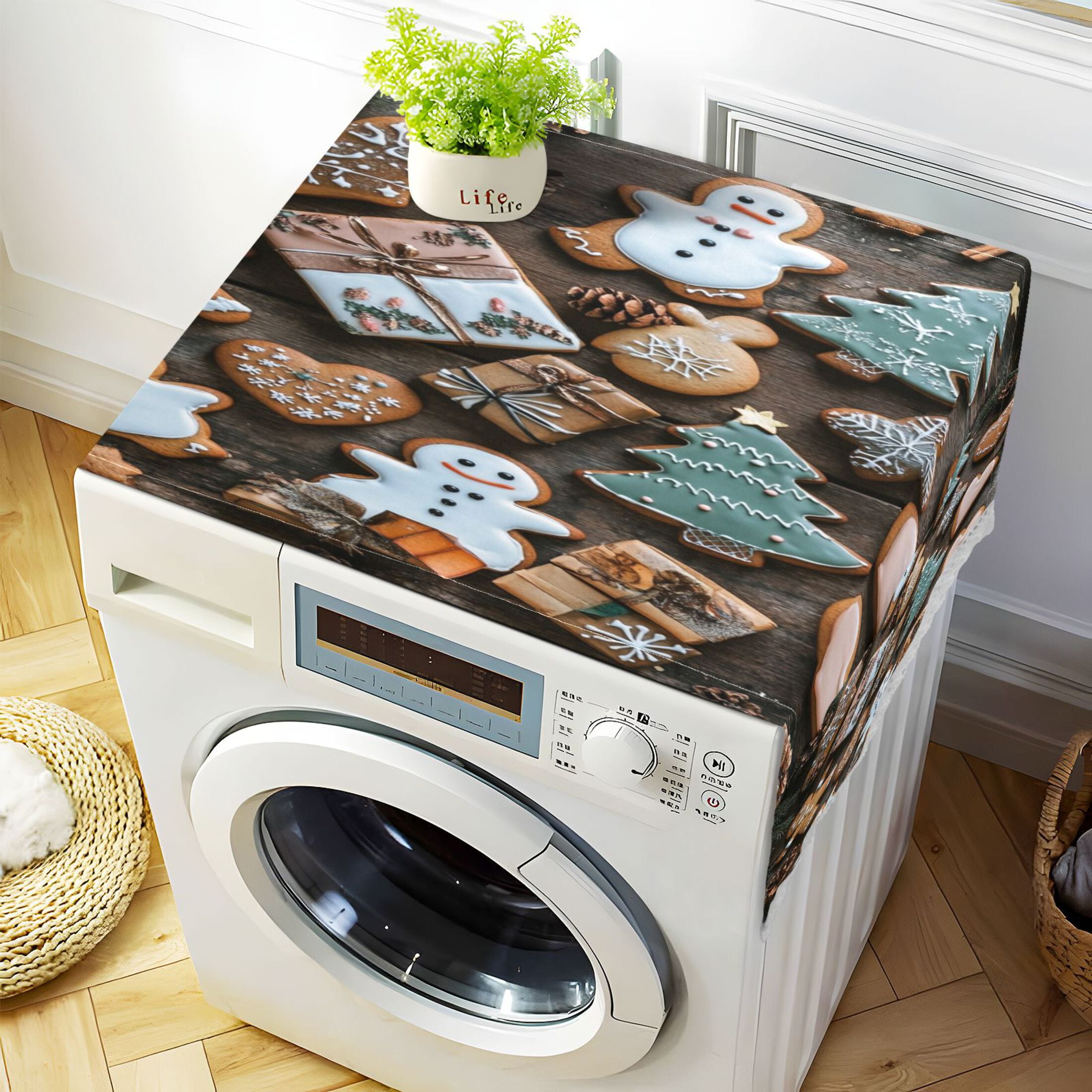 Christmas CookiesWasher and Dryer Covers Dust-Proof and Oil Resistant Fridge Cover with 4 Storage Pockets Washing Machine Top Cover for Laundry Kitchen Home 51.2 x 22 In