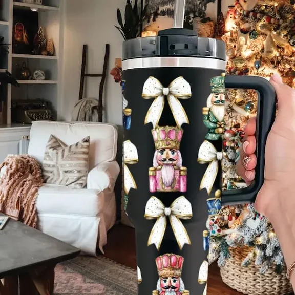 Christmas Coque.tte Nutcracker Tumbler 40oz, Retro Nutcracker Bow Girly Cup 30oz, Watercolor Nutcracker Friends Tumbler with Lid and Straw, Insulated Christmas Water Bottle