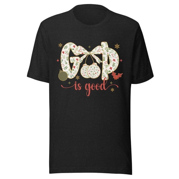 Christmas Coquette Shirt, "God is Good" Religious Holiday T-Shirt (Black Heather, S)