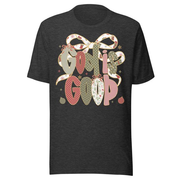 Christmas Coquette Shirt, "God is Good" Religious Holiday T-Shirt (Dark Grey Heather, XS)