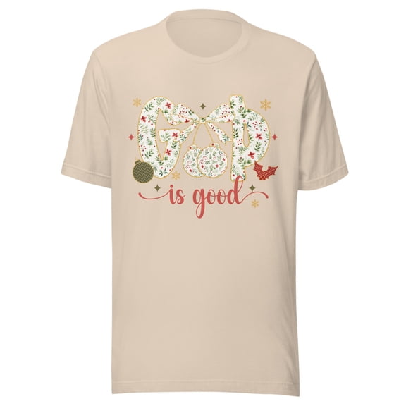 Christmas Coquette Shirt, "God is Good" Religious Holiday T-Shirt (Soft Cream, XS)