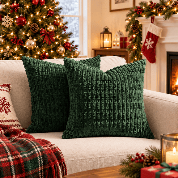 Christmas Corduroy Decorative Throw Pillow Covers – 18 x 18 in,Dark Green,2 Pack, Soft Boho Striped, Modern Farmhouse Decor for Sofa, Couch & Bed