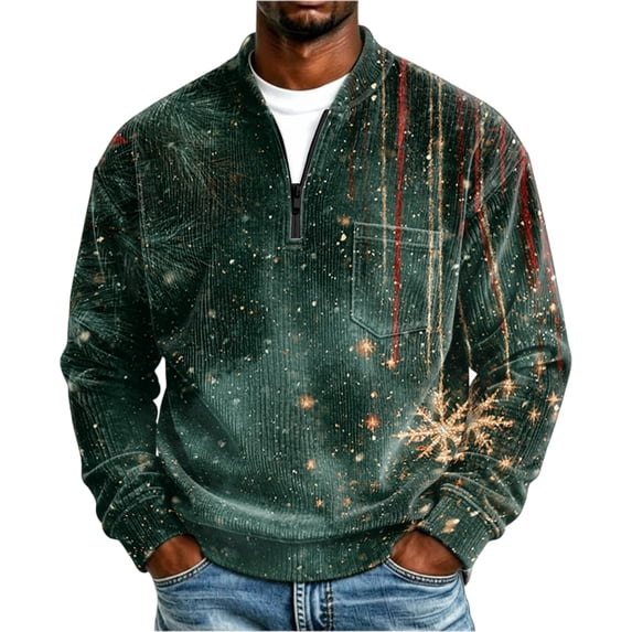 Christmas Corduroy Sweatshirt for Men , Long Sleeve Quarter Zip Collar Drop Shoulder Fall Winter Loose Fit Soft Comfy Casual Pullover Top Green 2XL