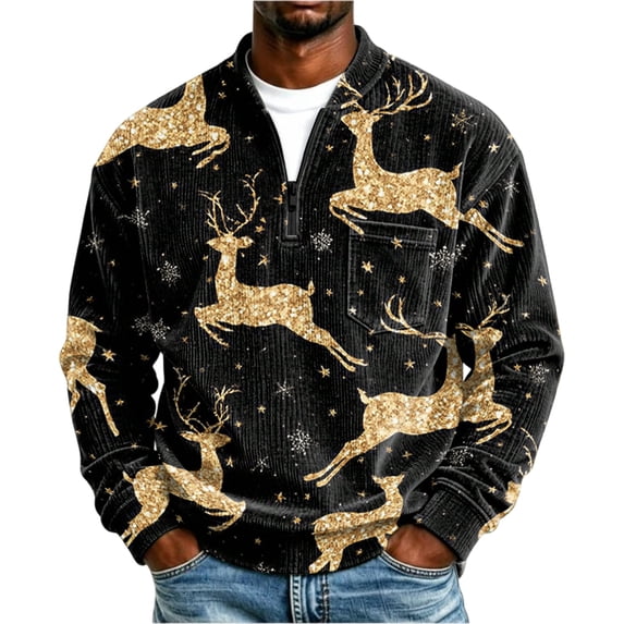 Christmas Corduroy Sweatshirt for Men , Long Sleeve Quarter Zip Collar Drop Shoulder Fall Winter Loose Fit Soft Comfy Casual Pullover Top Navy XL