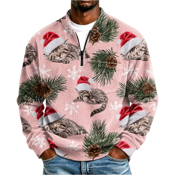 Christmas Corduroy Sweatshirt for Men , Long Sleeve Quarter Zip Collar Drop Shoulder Fall Winter Loose Fit Soft Comfy Casual Pullover Top Pink L