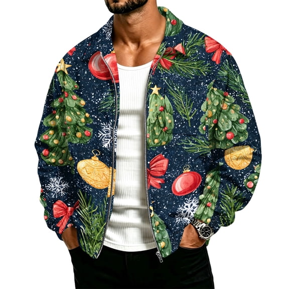 Christmas Corduroy Zip Up Jacket for Men Long Sleeve Stand Coller Sweatshirts Xmas Funny Print Loose Fit Overshirts with Pockets Outerwear for Daily Wear