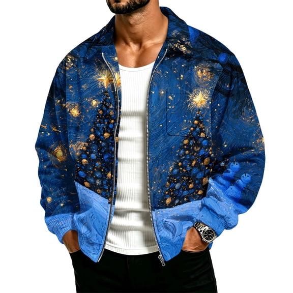 Christmas Corduroy Zip Up Jacket for Men Long Sleeve Xmas Print Sweatshirts Collared Casual Overshirts with Pockets Ribbed Texture Fall Winter Outwear