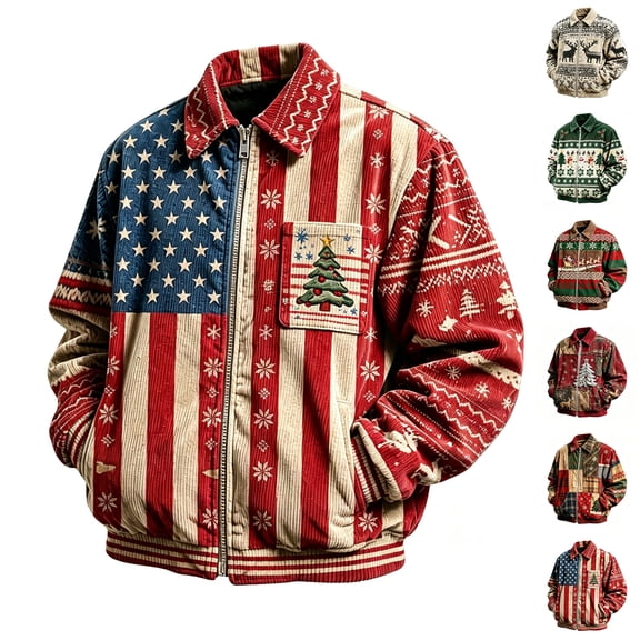 Christmas Corduroy Zip Up Jacket Men Baggy Notched Collar Long Sleeve Shirt Jackets Classic Christmas Themed Overshirts Casual Fall Winter Outwear