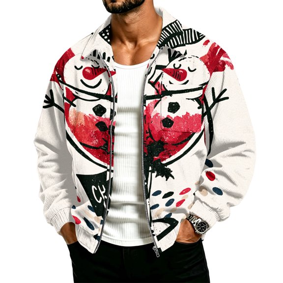 Christmas Corduroy Zip Up Jacket for Men Long Sleeve Collared Jackets Xmas Print Loose Fit Overshirts with Pockets Outerwear for Daily Wear
