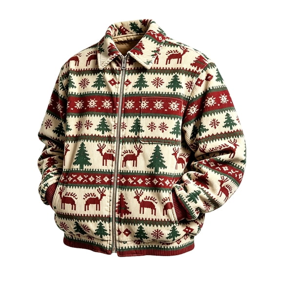Christmas Corduroy Zip Up Jacket for Men Long Sleeve Mock Neck Sweatshirts Xmas Cute Print Casual Overshirts with Pockets Fall Winter Outwear