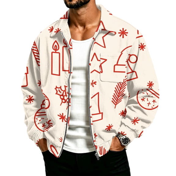 Christmas Corduroy Zip Up Jacket for Men Long Sleeve Xmas Print Sweatshirts Collared Comfy Overshirts with Pockets Ribbed Texture Fall Winter Outwear