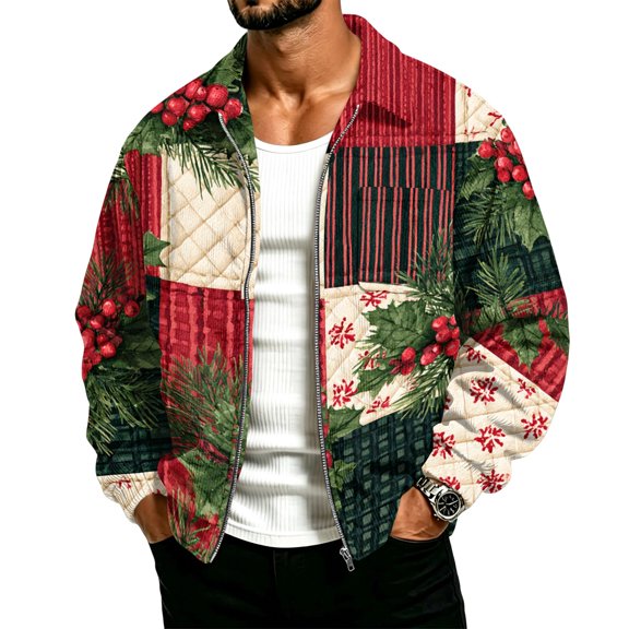 Christmas Corduroy Zip Up Jacket for Men Mock Neck Long Sleeve Jackets Christmas Funny Graphic Casual Coats with Pockets Warm Clothing