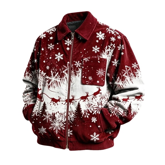 Christmas Corduroy Zip Up Jacket for Men Stand Coller Long Sleeve Jackets Xmas Print Loose Fit Coats with Pockets Ribbed Texture Fall Winter Outwear