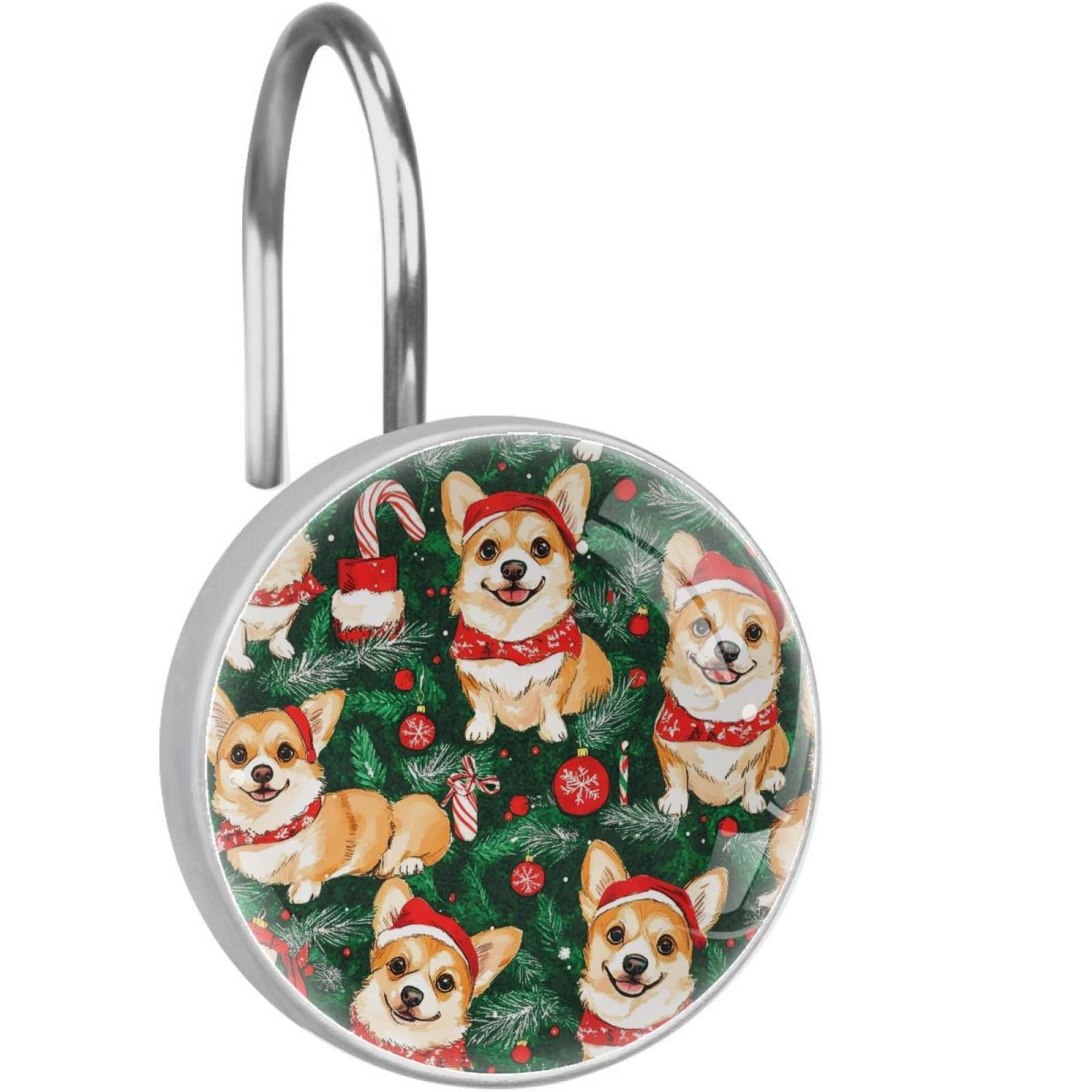 Christmas Corgi Bells Gifts Shower Curtain Hooks Round Crystal Glass, Set of 12 Shower Curtain Rings - Shower Hooks for Curtain Shower Rings