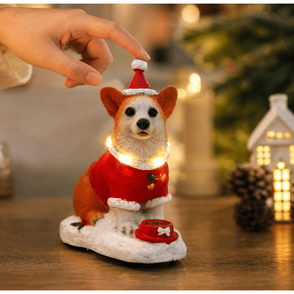 Christmas Corgi Dog Figurine,Cute Lighted Puppy Statue with Santa Outfit,Warm LED Lights,Excellent Christmas Tabletop Decor for Indoor Home Party