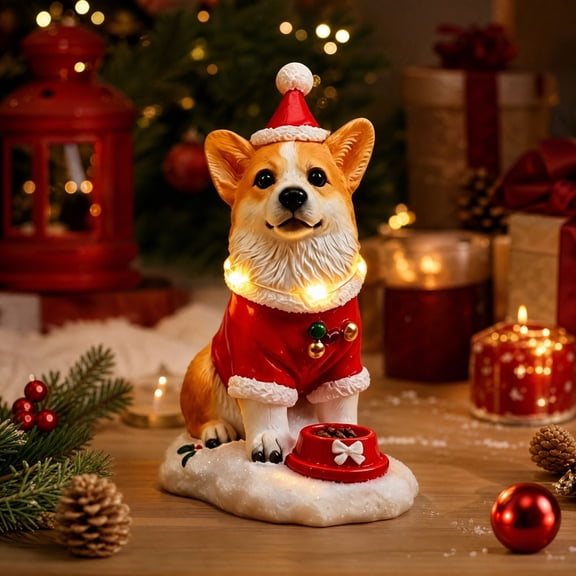 Christmas Corgi Figurine, Musical Lighted Dog Statue, Santa Dressed Corgi Figure with a Lighted Musical for Mantels Shelves, Sculpted Resin with Seasonal Clothing Built with Combines a
