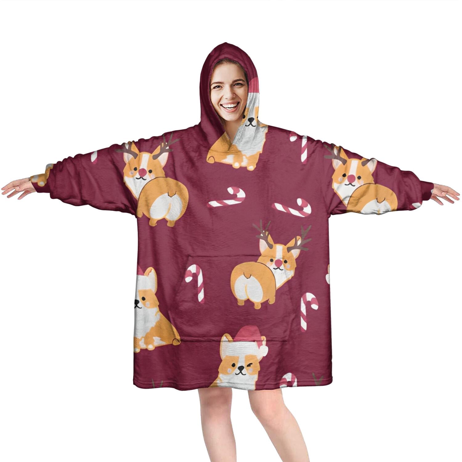 Christmas Corgi Wearable Oversized Blanket,Wearable Blanket Hoodie for Adults,Cozy Hooded Blankets with Super Pockets,Super Warm Fuzzy Pullover for Women & Men