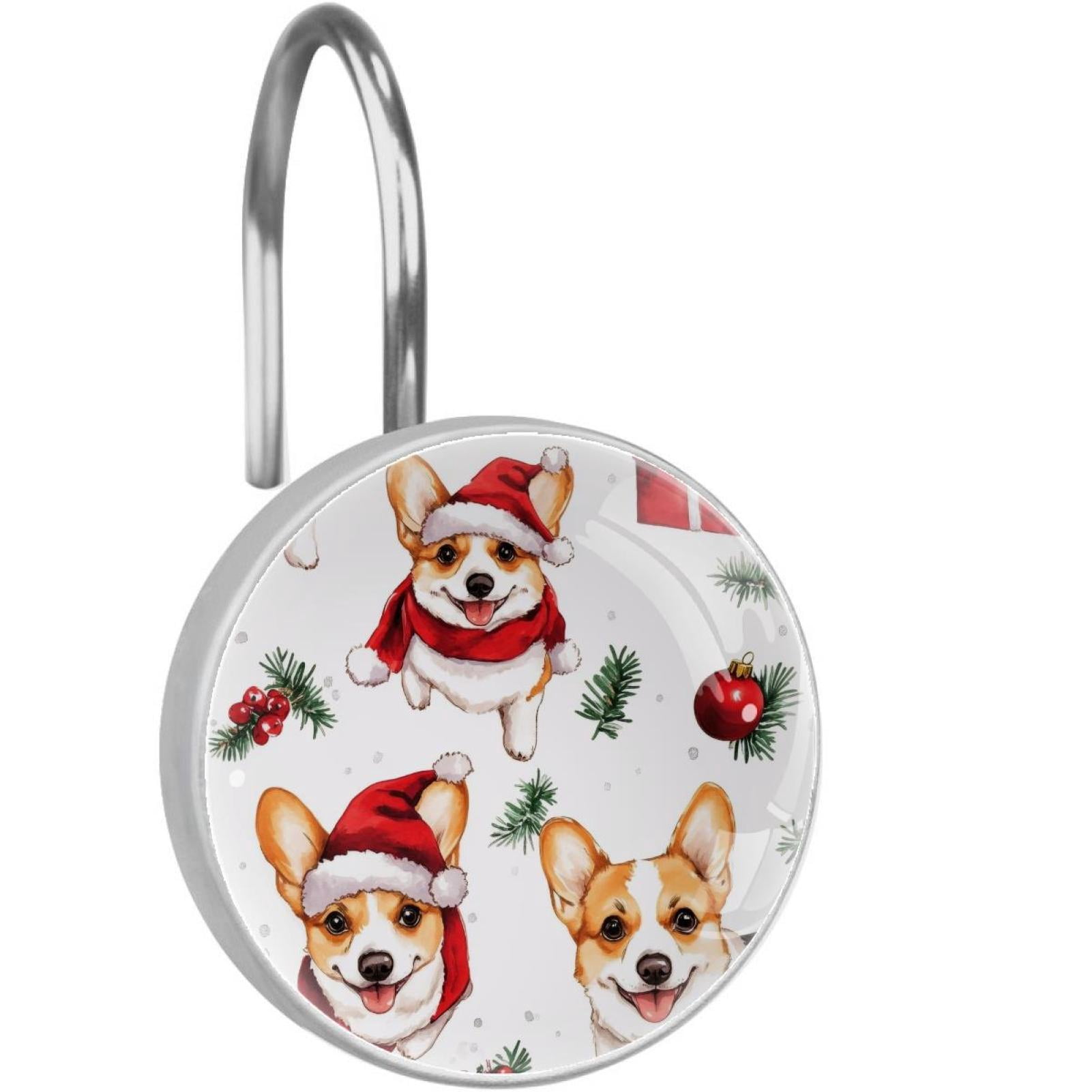 Christmas Corgis Bells Gifts Berry Shower Curtain Hooks Round Crystal Glass, Set of 12 Shower Curtain Rings - Shower Hooks for Curtain Shower Rings