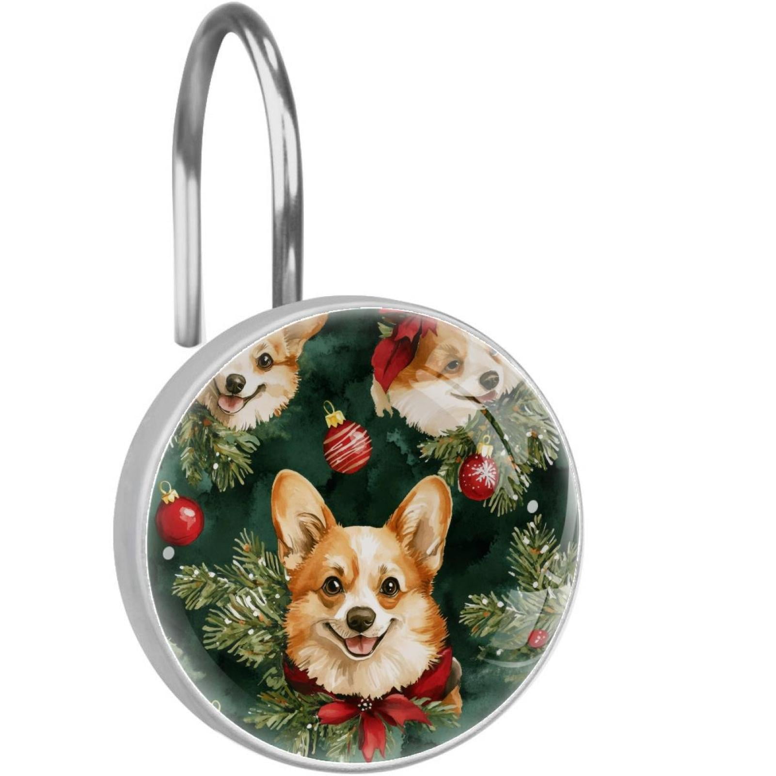 Christmas Corgis and Bells Shower Curtain Hooks Round Crystal Glass, Set of 12 Shower Curtain Rings - Shower Hooks for Curtain Shower Rings