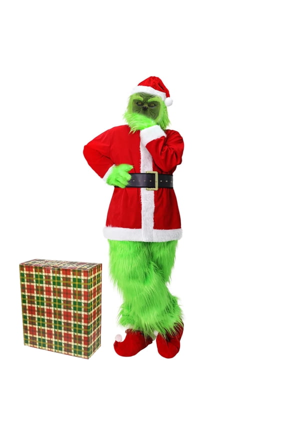 Christmas Costume Green Santa Suit 7pcs Unisex Adult's Cosplay Costume Size LXL