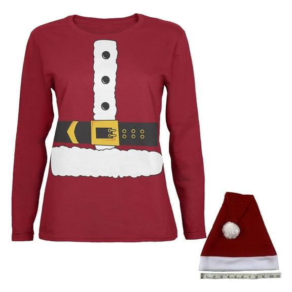 Christmas Costume Santa Claus Womens Long Sleeve T Shirt with Santa Hat