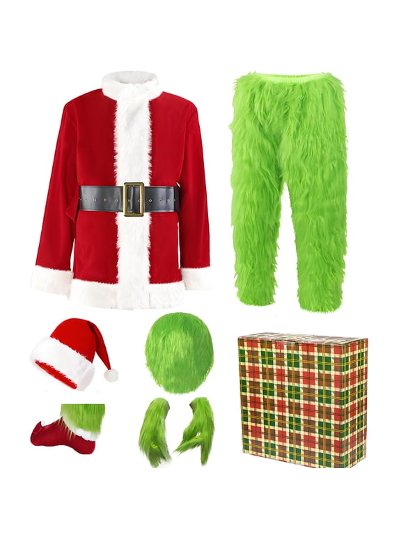Men's Red & Green Christmas Halloween Costume - 7-Piece Plush Character Suit Set with Mask, Hat and Belt Size S/M
