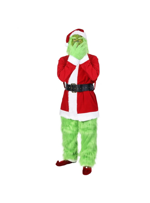 Christmas Costume for Men Green Big Monster 7PCS Deluxe Adult Santa Suit Xmas Furry Outfit Set Halloween Holiday -XXL