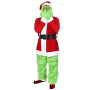 Christmas Costume for Men Green Big Monster 7PCS Deluxe Adult Santa Suit Xmas Furry Outfit Set Halloween Holiday -XXXL