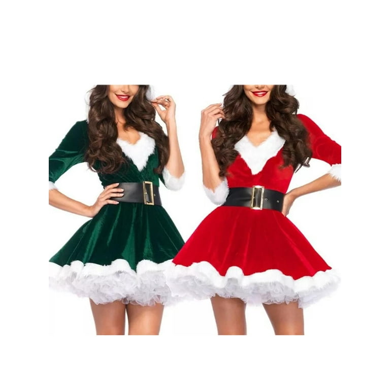 Christmas Costume for Women Half Sleeve High Waist Mini Dress Hooded Stage Performance Theme Party Cosplay Santa Outfit
