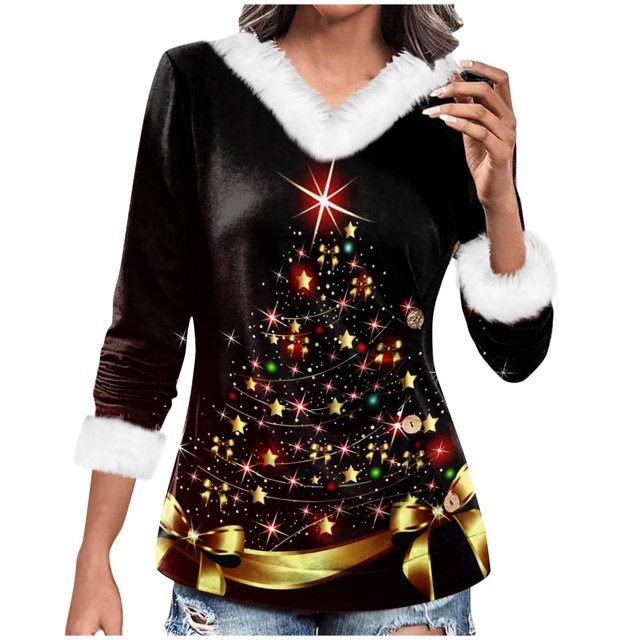 Christmas Costumes Woman 2024 Xmas Snowflake Print Blouse 3/4 Sleeve