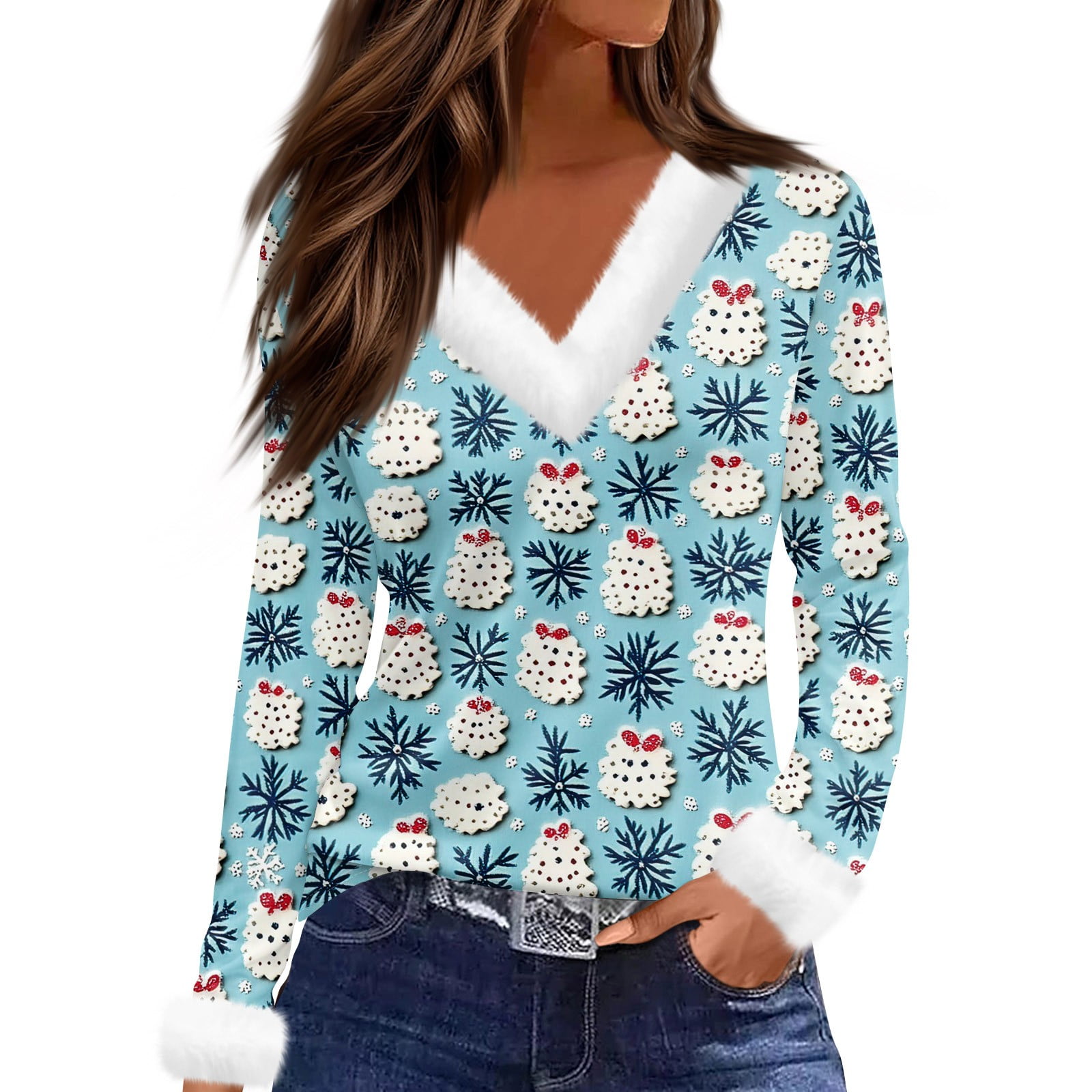 Christmas Costumes Woman 2024 Xmas Snowflake Print Blouse Faux Fur Trim