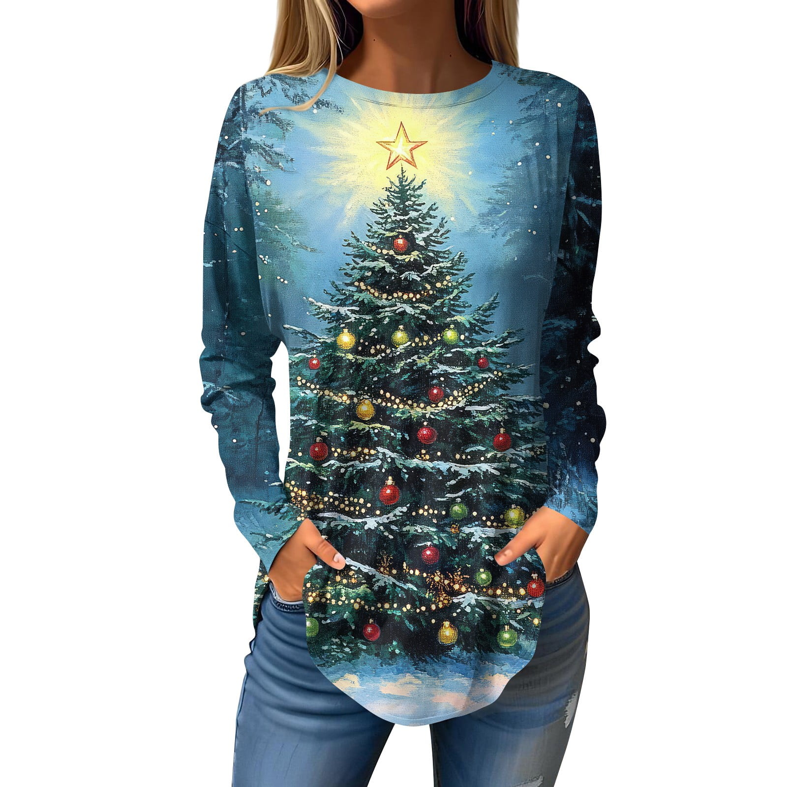 Christmas Costumes Woman 2024 Xmas Snowflake Print TShirts Crewneck