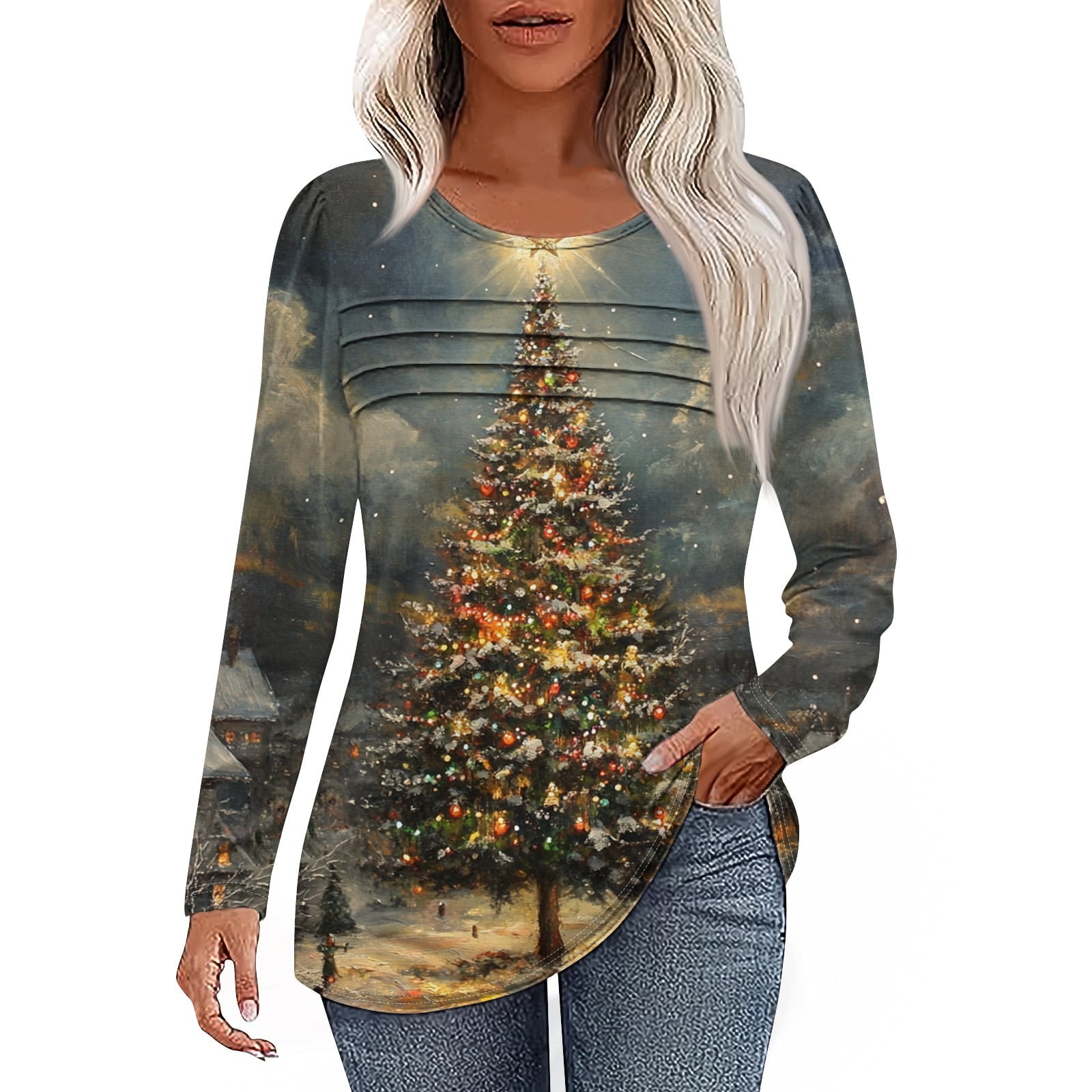 Christmas Costumes Woman 2024 Xmas Snowflake Print TShirts Long Sleeve