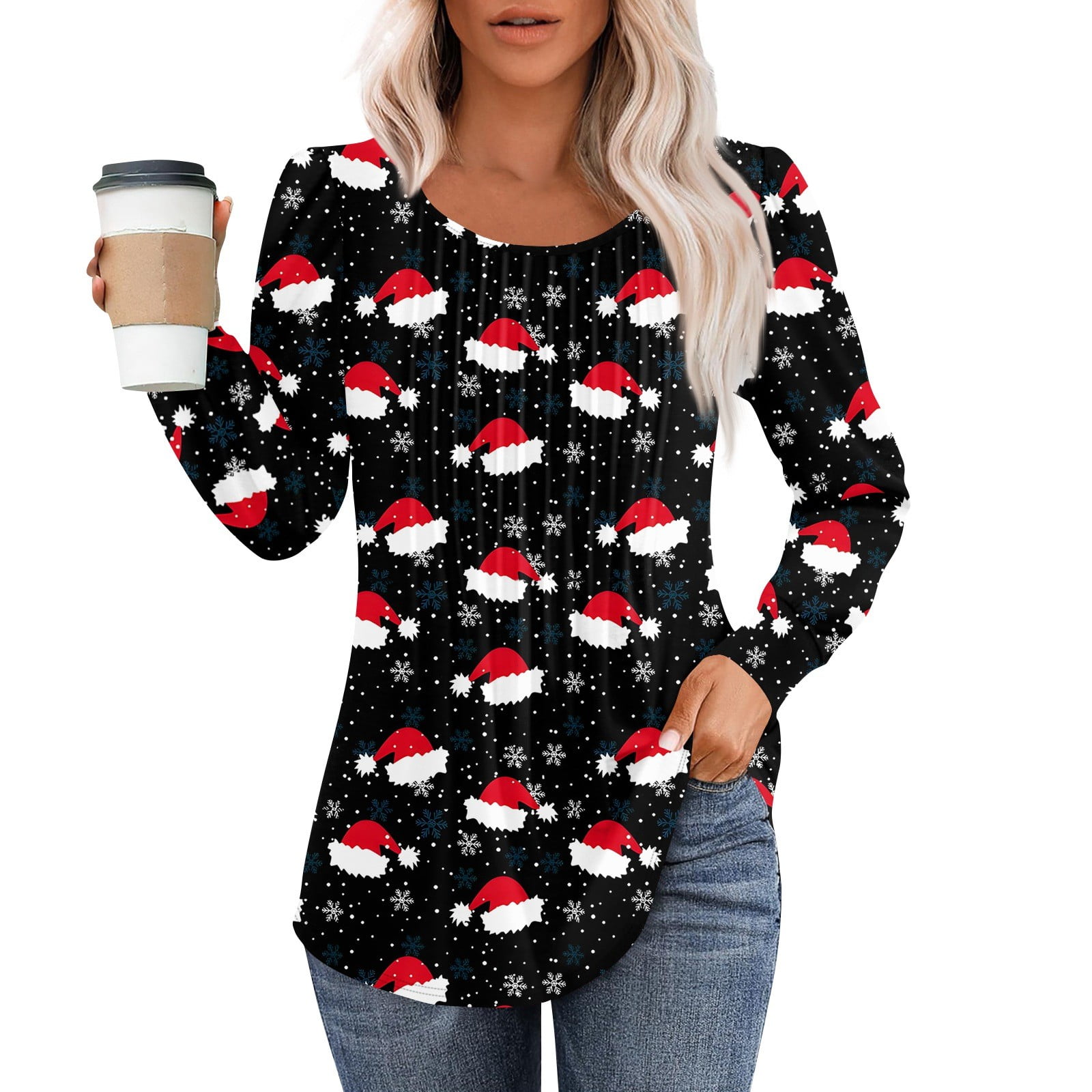 Christmas Costumes Woman 2024 Xmas Snowflake Print TShirts Pleated