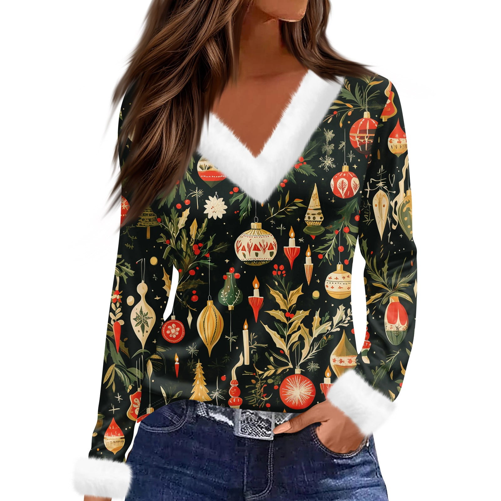 Christmas Costumes Woman 2024 Xmas Snowflake Print Tshirts Faux Fur