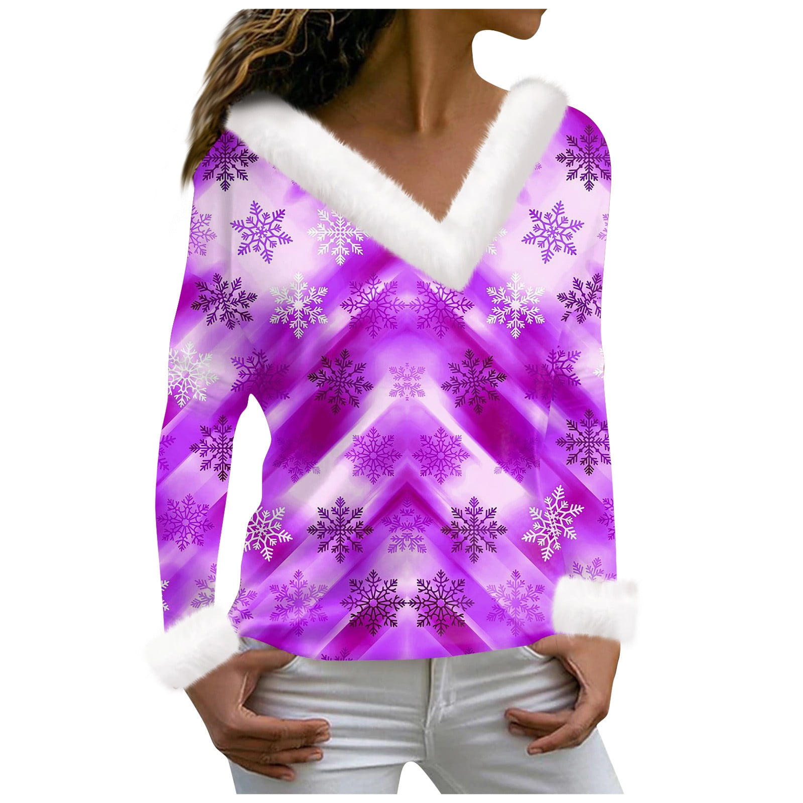 Christmas Costumes Woman 2024 Xmas Snowflake Print Tshirts Faux Fur