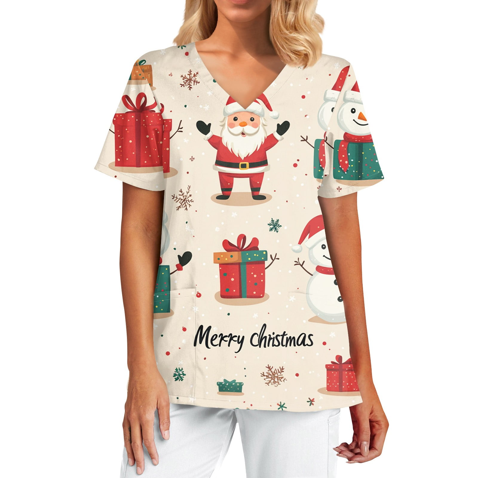 Christmas Costumes for Women Snowflake Print Medical Scrub Shirts Short