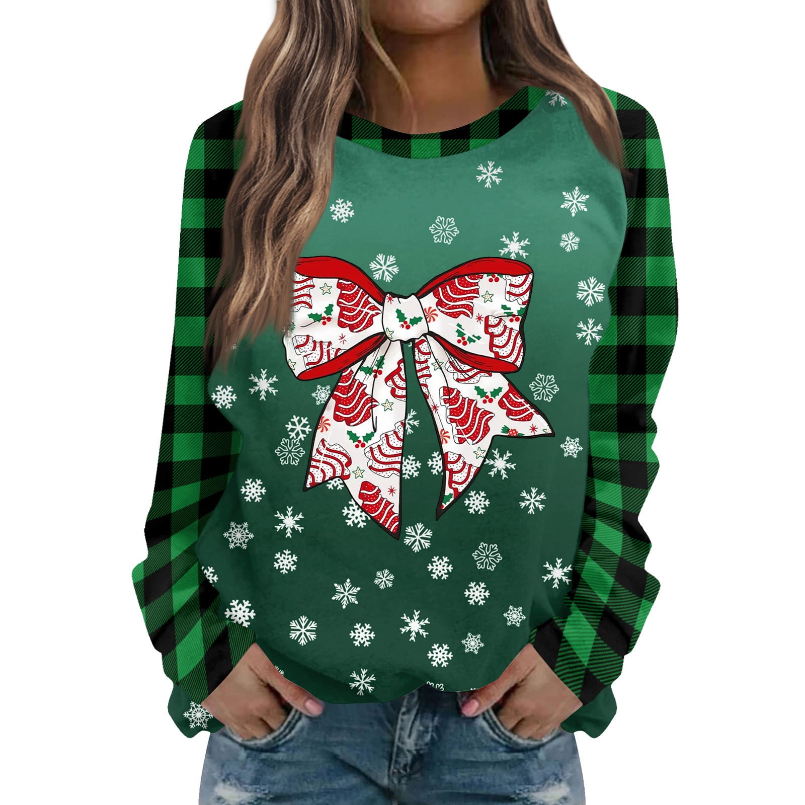 Christmas Costumes for Women Xmas Light Bow Graphic Pullover Tops Long