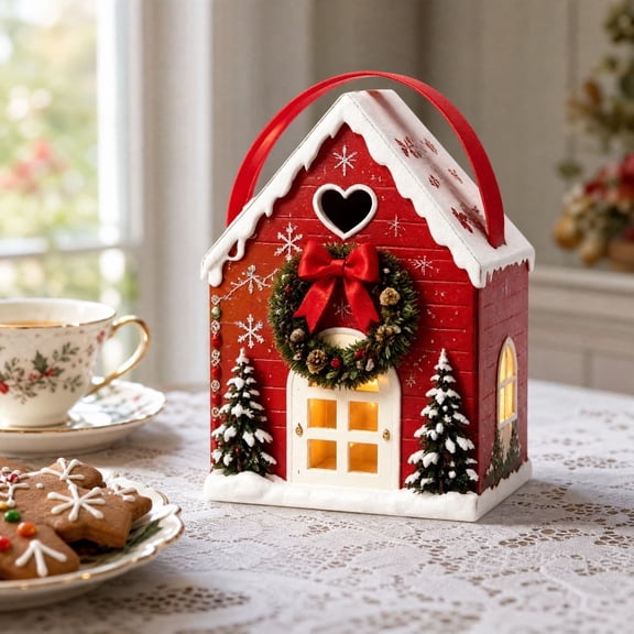 Christmas Cottage Gift Box with Handle Paper House Treat Box for Candy and Cookies