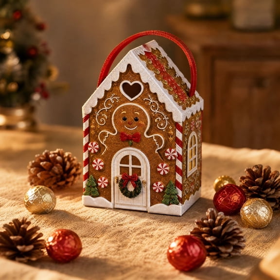 Christmas Cottage Handle Gift Box, 3D Festive Candy & Cookie Gift Packaging Box, Lidded Cardboard Container, for Cookies Candy Small Presents Holiday Party Favor Storage
