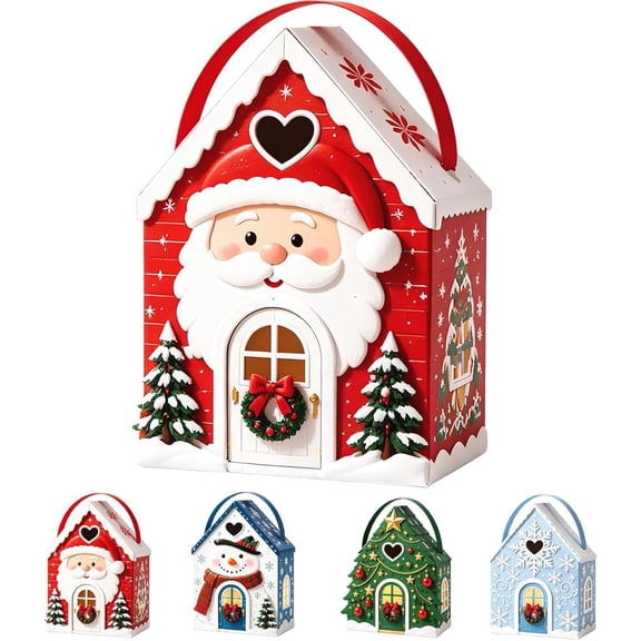 Christmas Cottage Handle Gift Box, House Shaped Holiday Treat Box for Candy, Cookies and Small Gifts, Festive Packaging for Christmas Parties and Gift Giving (box-santa claus)