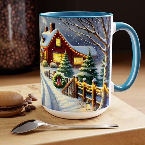 Christmas Cottage Mug 15oz Red Car Holiday Coffee Cup Cozy Winter Scene Ceramic Mug Christ
