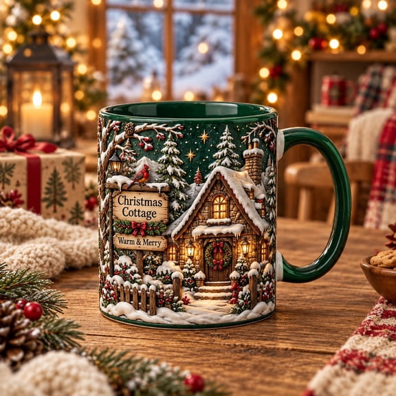 Christmas Cottage Mug with Snowy Pine Trees and Glowing Windows for Holiday Coffee Breaks