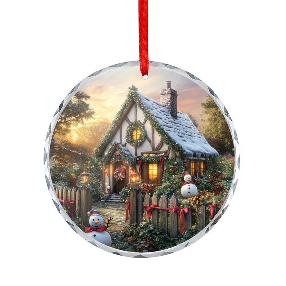 Christmas Cottage with Snowman Glass Ornament Hanging Ornaments Xmas Tree Decor for Family Friends Lovers Holiday Winter Scene with Snowman Round Shaped Glass Ornament