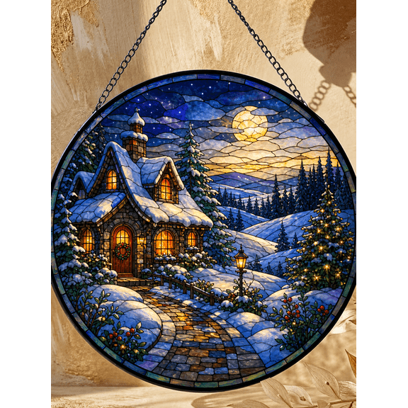 Christmas Cottage Suncatcher Window Hanging, Stained Glass Style Snowy Winter Scene