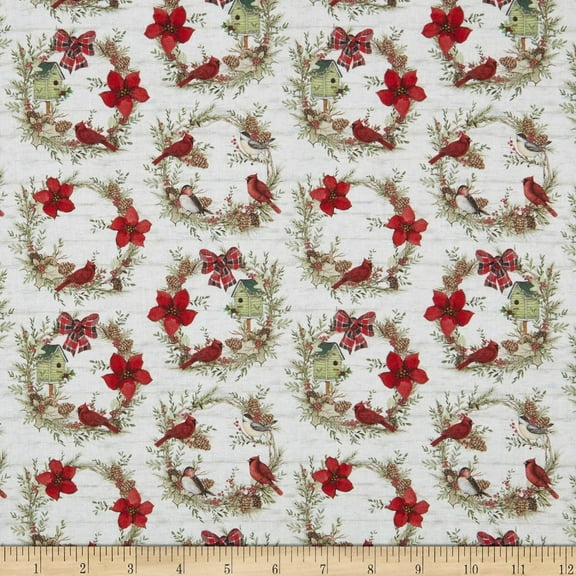 Cotton Cardinal Wreaths Springs Creative Bows Christmas Holiday Winter Seasonal Snow Birds Cream Cotton Fabric Print by the Yard (77508-G550715)
