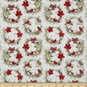 Cotton Cardinal Wreaths Springs Creative Bows Christmas Holiday Winter Seasonal Snow Birds Cream Cotton Fabric Print by the Yard 77508-G550715
