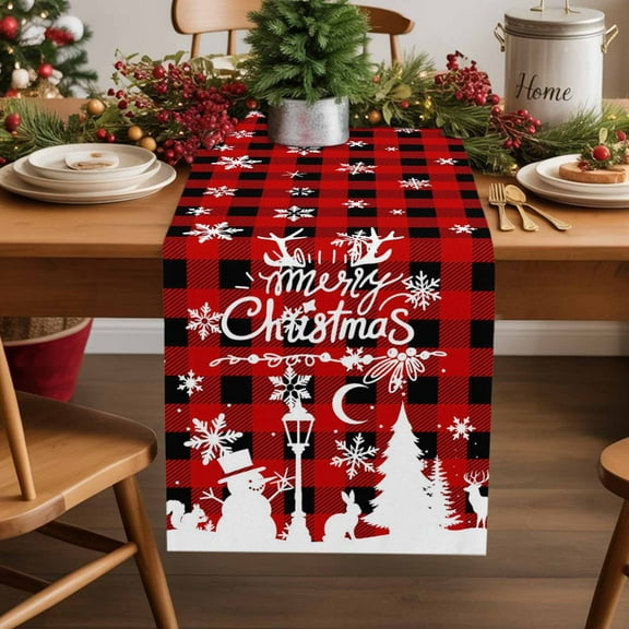 Christmas Cotton Linen Table Runner 18 x 72 inch Winter Snowman Snowflake Xmas Trees Red Plaid Non-slip Rectangular Dining Table Decor for Wedding Party Holiday Dinner
