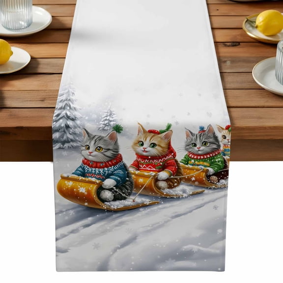 Christmas Cotton Linen Table Runner for Dining Kitchen, Funny Cats Sleds Skiing Winter Forest Tree Wedding Outdoor Party Tablerunners Decoration, Dresser Scarf Coffee Tablecloth Runners 13x120 Inches