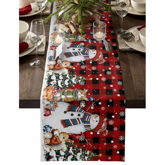 Christmas Cotton Linen Table Runner for Dining Kitchen, Snowman Animals Snow Pine Tree Black Red Plaid Wedding Outdoor Party Tablerunners Decoration, Dresser Scarf Coffee Tablecloth Runners 13"x120"